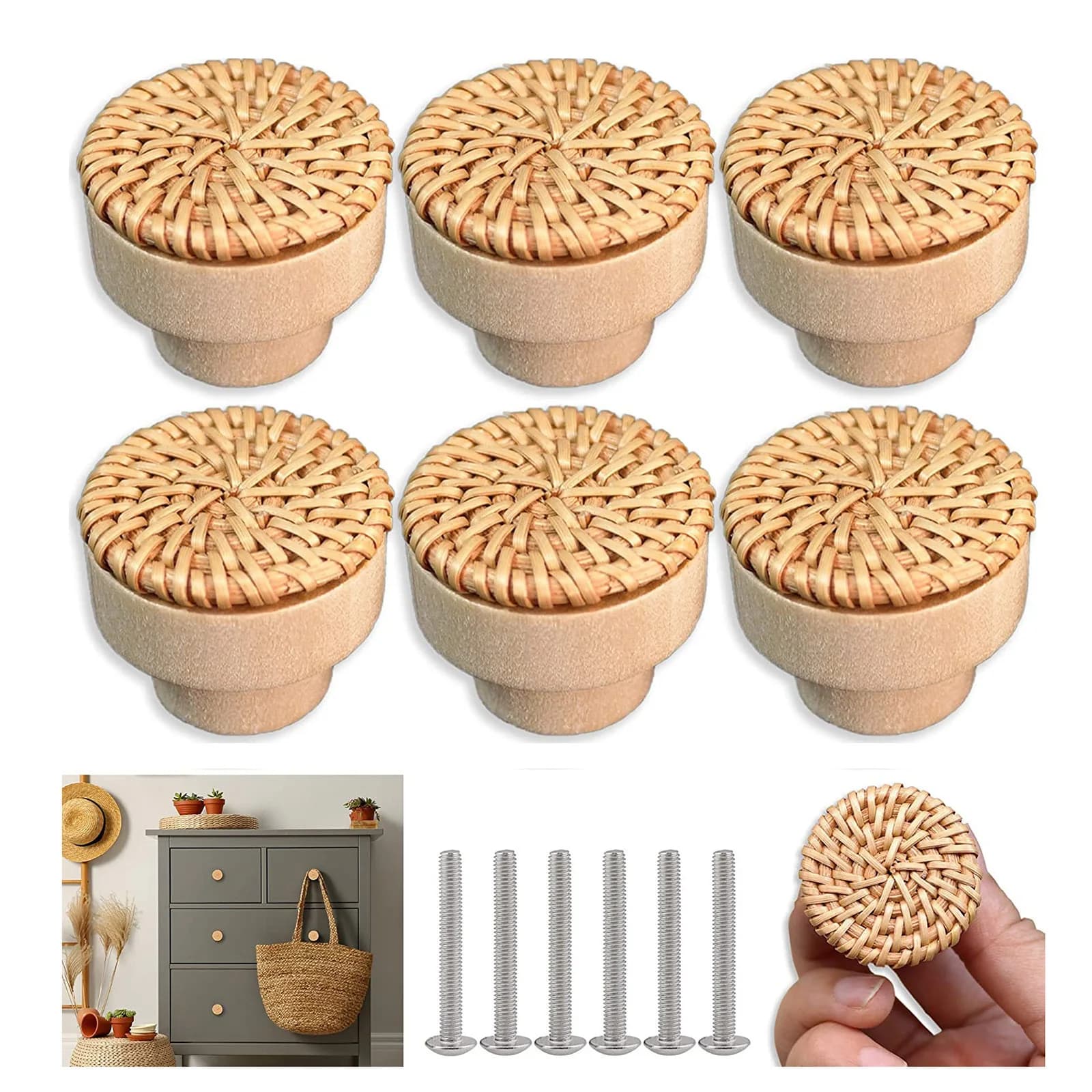 Maniglie in Legno di Faggio Nordico e Rattan per Mobili, Pomelli per Cassetti, Decorazioni per Armadi, Tiranti di Sicurezza per Bambini, Accessori per Mobili