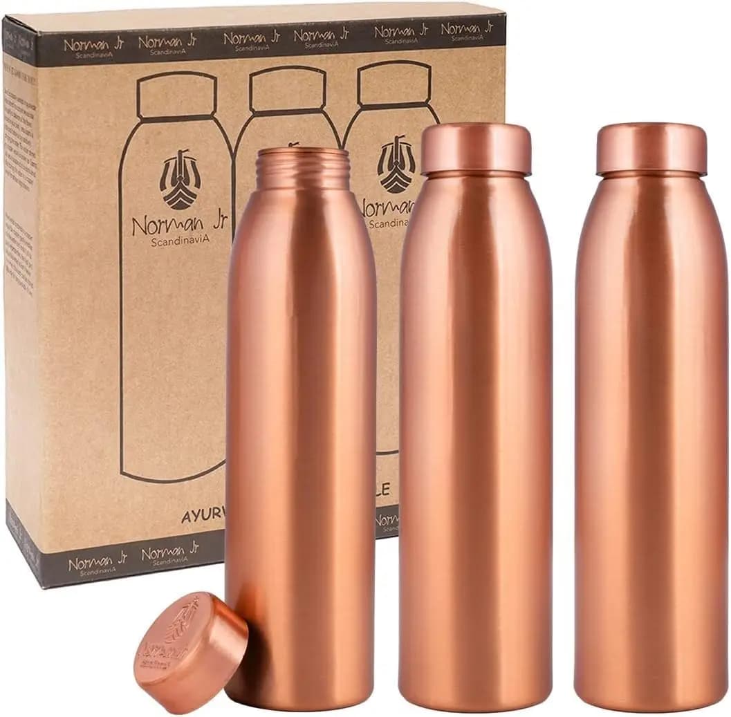 Pure Copper Water Bottle Set of 3 (1 Liter Each) in Gift Box, Plain Finish, Ayurvedic Vessel - Encourages Daily Hydration with N