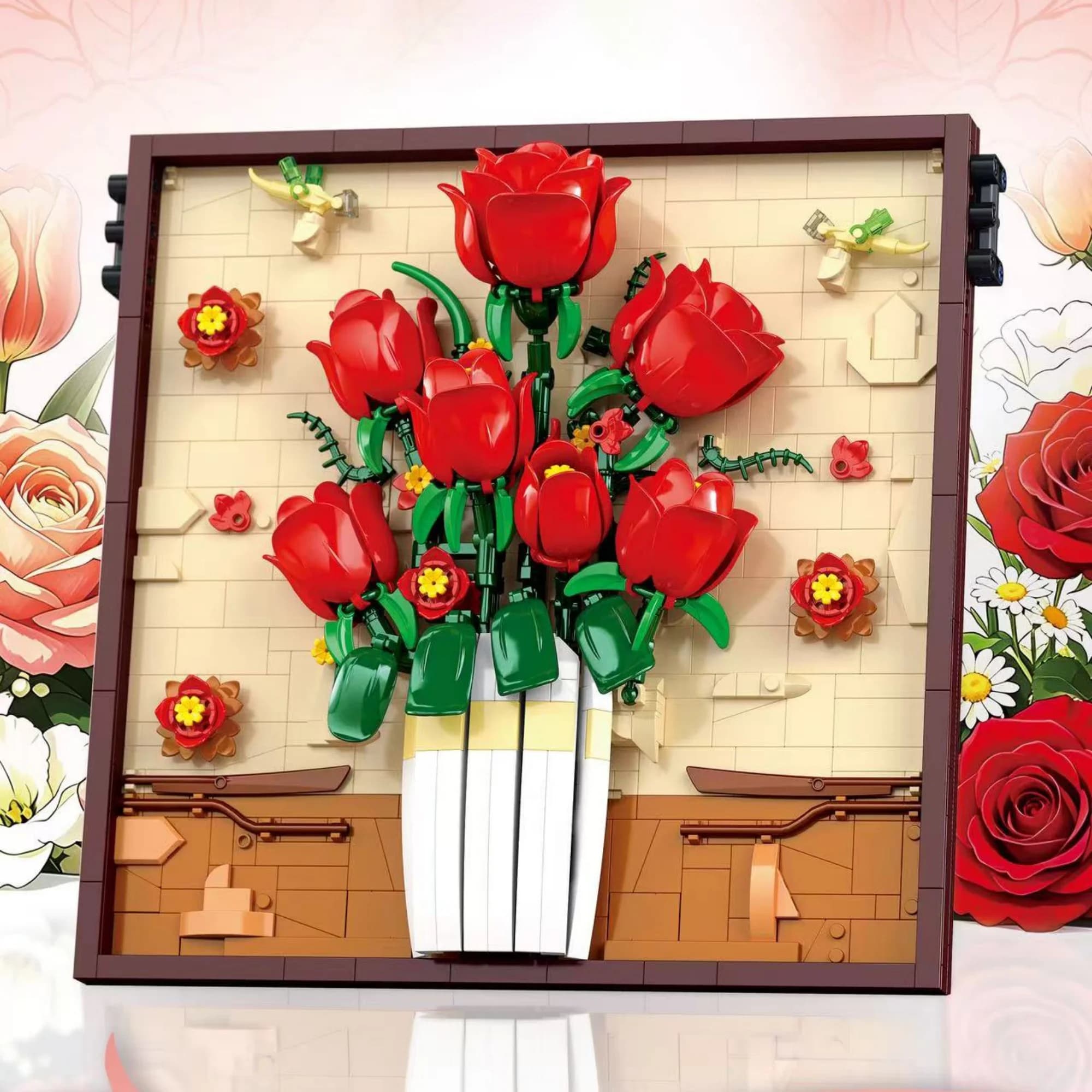 972pcs Red Rose Frame Building Blocks Desktop Ornament Artistic Wall-mounted Sunflower Photo Frame Bricks Toys for Adults Gift