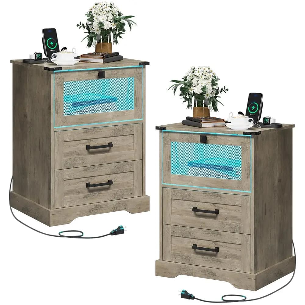 Set di 2 Comodini Stile Rustico con Luci LED e Stazione di Ricarica, Comodino in Quercia con 2 Cassetti e Scomparto con Rete Metallica