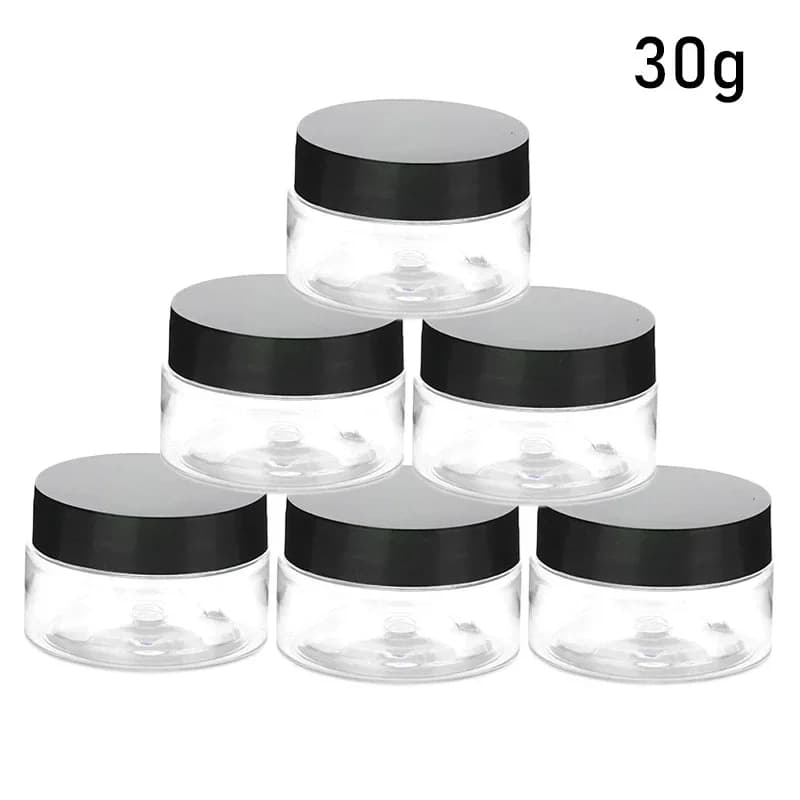 Barattolo per cosmetici in plastica da 30 pezzi 30g con coperchio nero Bottiglie per campioni trasparenti Contenitore per perline per nail art per ombretto Balsamo per labbra