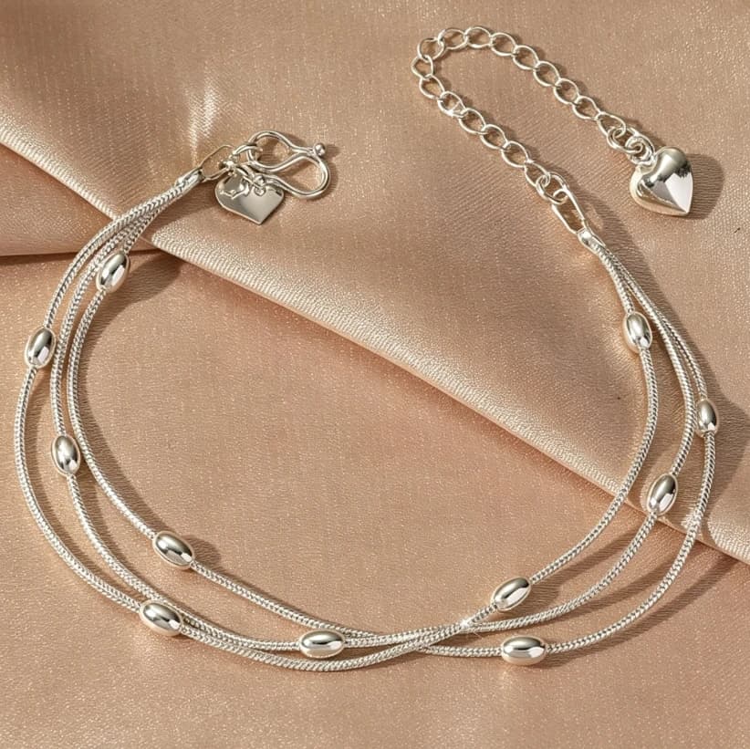 Three Layer Snake Chain Beaded Bracelet Silver Plated Adjustable Heart Charm Extension Chain Women Stacking Jewelry