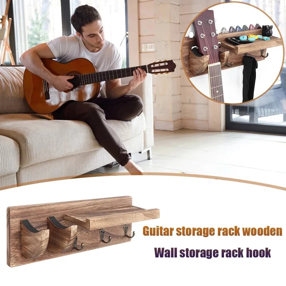Supporto da parete per chitarra AA90 - Gancio appendi-chitarra in legno carbonizzato con porta plettri e 3 ganci