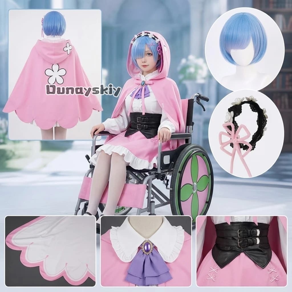 Costume Cosplay Re:Zero Starting Life Ram Rem, Parrucca, Mantello Rosa, Gonna, Copricapo, per Halloween e Carnevale, Gioco di Ruolo in un Altro Mondo