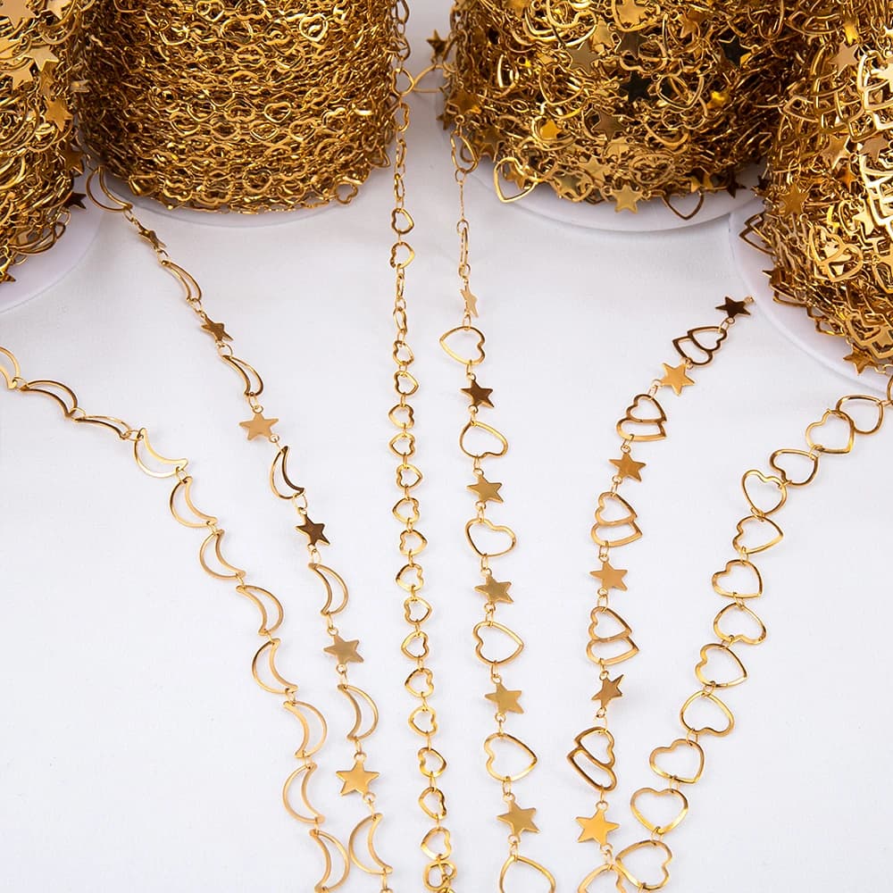 Catena piatta cava da 1 metro in acciaio inossidabile con corona di luna e stella d'amore per accessori per la creazione di gioielli, braccialetti, collane fai da te