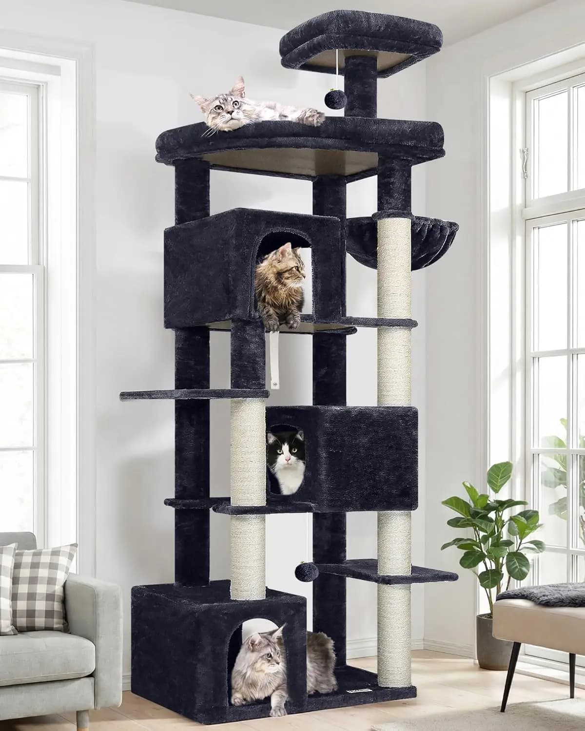 Torre per Gatti da Interno, in Sisal, Grigio Scuro, 200 cm, Resistente con 6 Posti per Tirare e 3 Casette