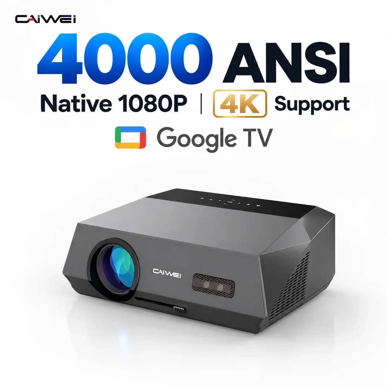 CAIWEI A10Q Proiettore certificato Google 4K 1080P Full HD Messa a fuoco automatica Alta luminosità 3500 Ansi WiFi6 Proiettore a fascio Home Theater