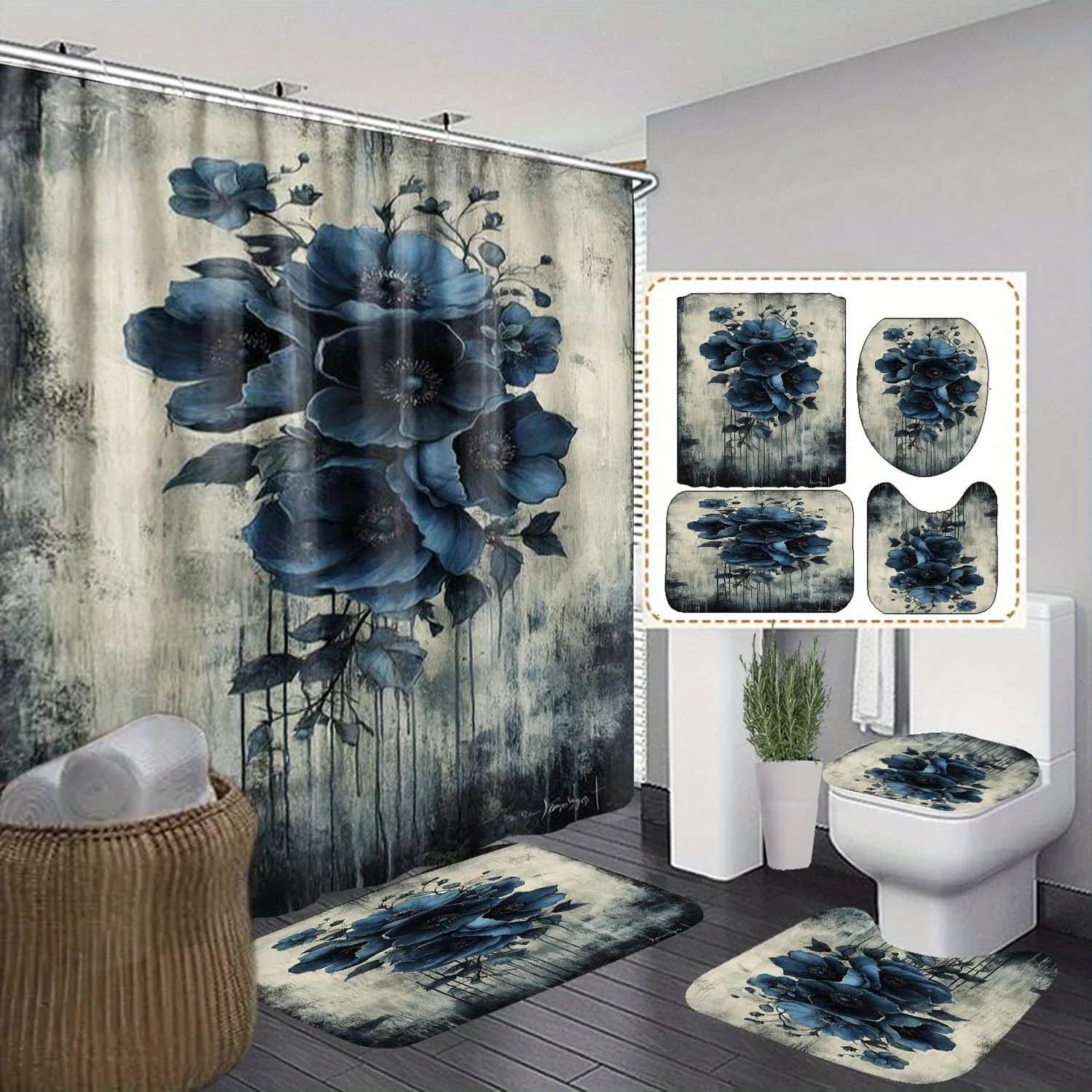 4pcs Blue Floral Shower Curtain Bathroom Set with Hooks Suitable for Bath Tub, Toilet Cover & Included, Machine Washable, Blue Flowers on Gray Background, Elegant Bath Decor for Modern Home