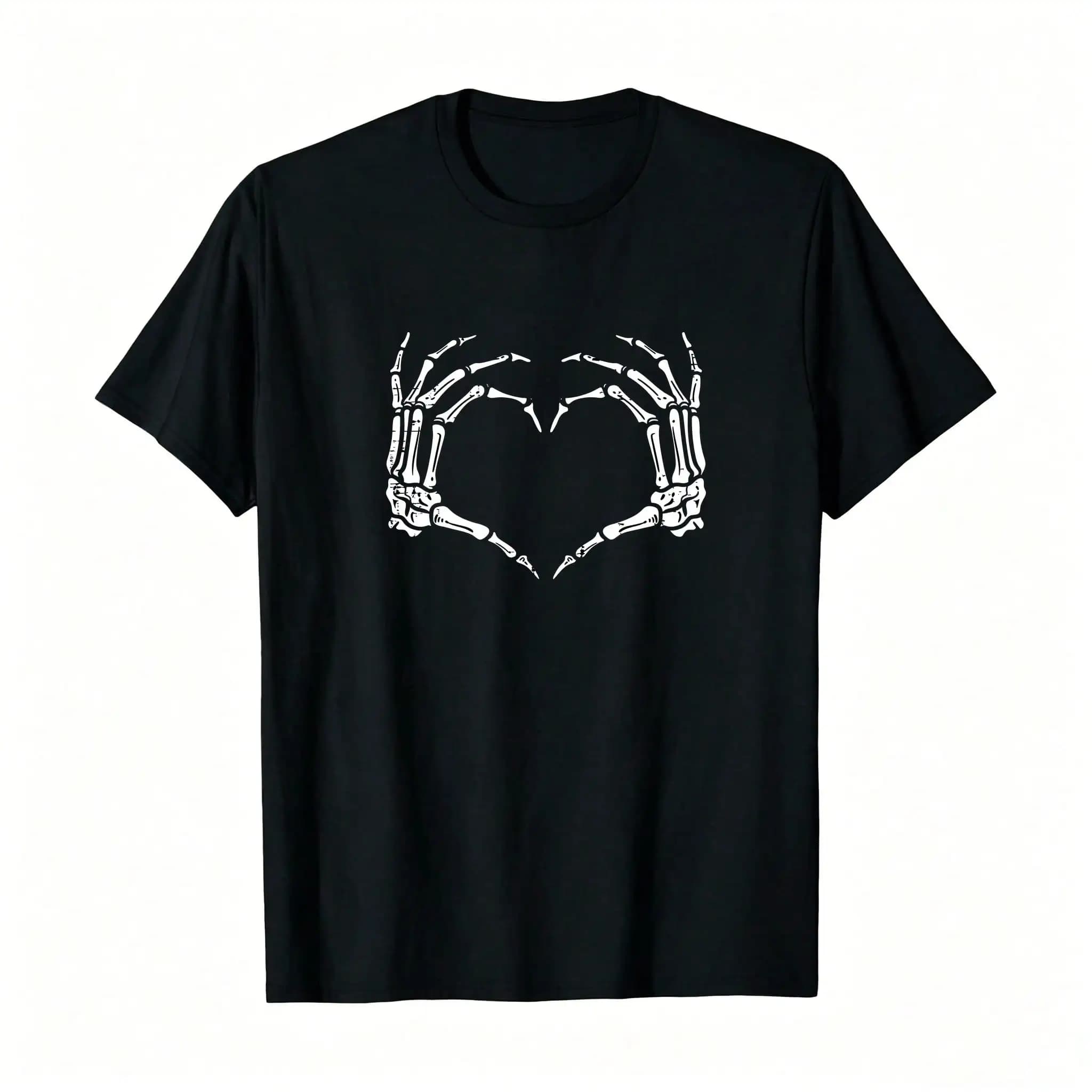 Skeleton Hands Heart Sign Retro Halloween Costume Women T-Shirt_,Breathable And Comfortable Short-Sleeved Round-Neck Top, Suitable For All Seasons, Everyday Wear For Women