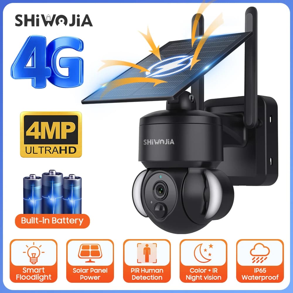 SHIWOJIA Telecamera da esterno 4G / Wifi Batteria da 7500 mAh ad energia solare con pannelli solari da 5 W Visione notturna a colori da 4 MP CCTV da giardino wireless