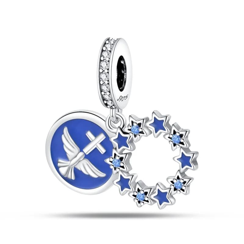 Charms Beads Blue Dove Cross Star Plata Adatto per braccialetti originali 925, gioielli religiosi, regali di pace e benedizione per le donne