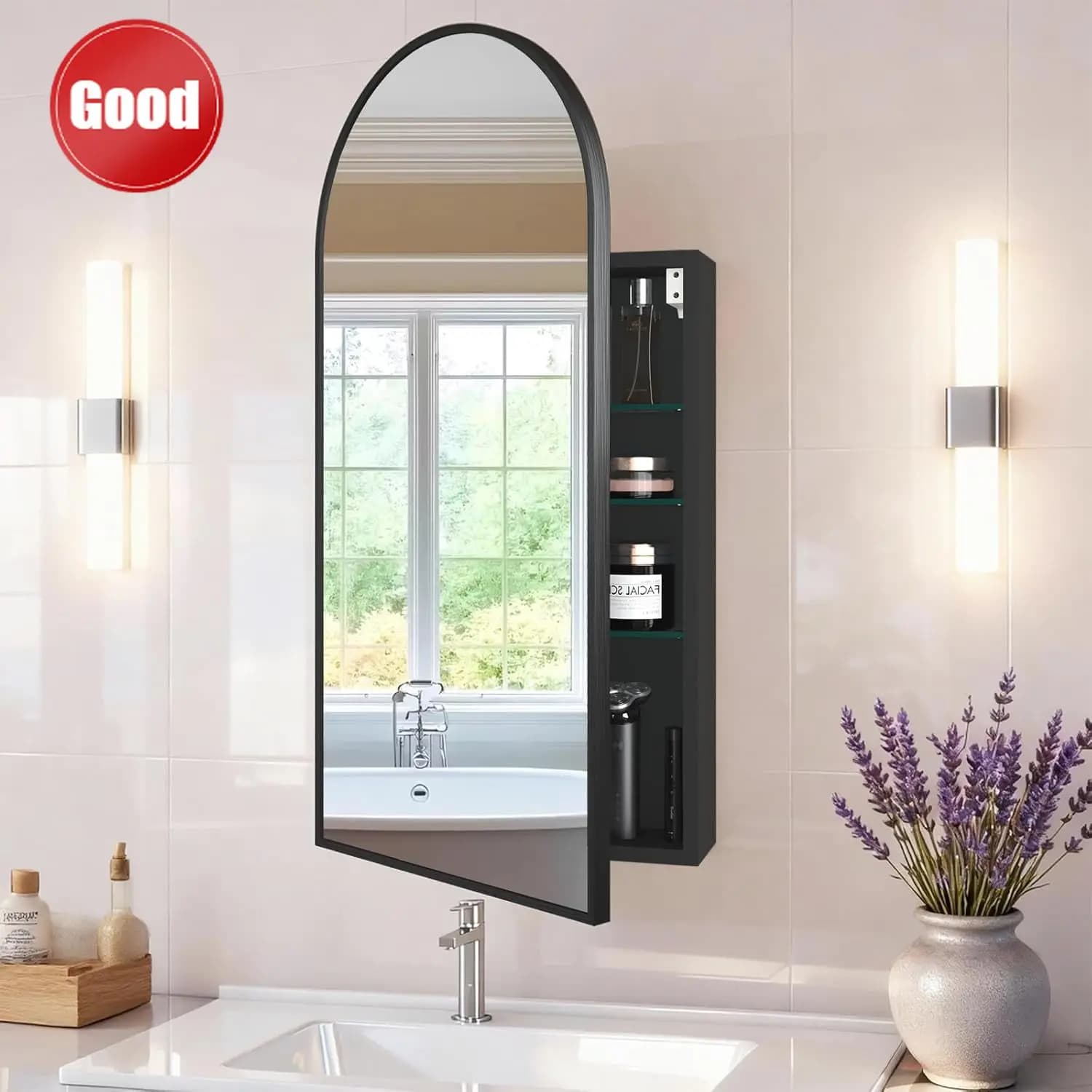 Armadietto da Bagno Curvo Nero Economico con Specchio, Apertura a Sinistra o a Destra, Specchi per Mobile Bagno con Vano Portaoggetti