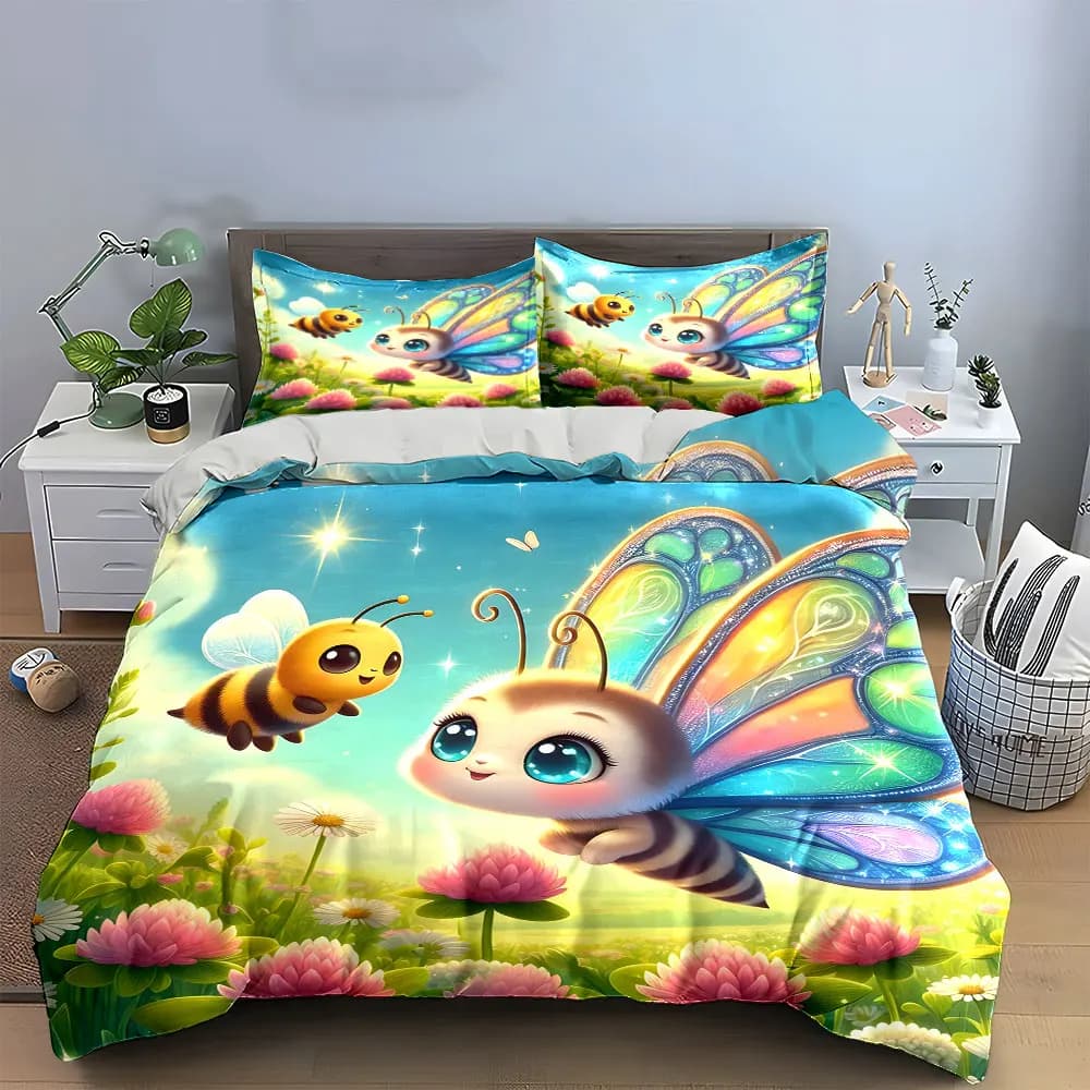 "Cartoon Bee Butterfly Decor Set" Bedding Set with 1 Duvet Cover 2 Pillowcases Single Double King Queen, Gift
