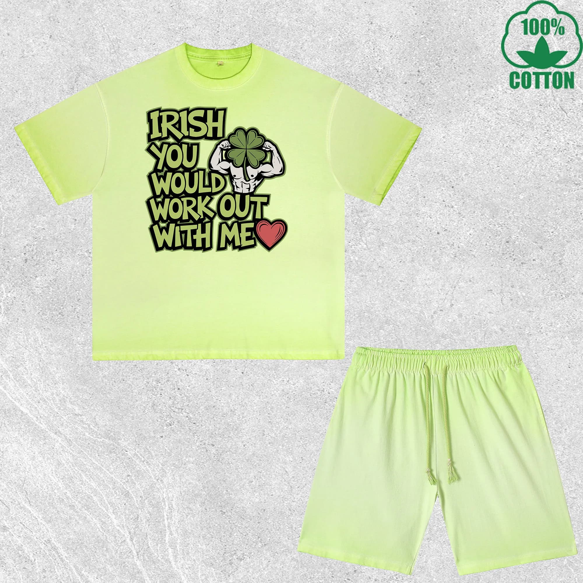 Set T-shirts and shorts printed for St. Patrick's Day, dirty washing effect, multicolor, wide fit, fashionable, 100% cotton, convenient packaging