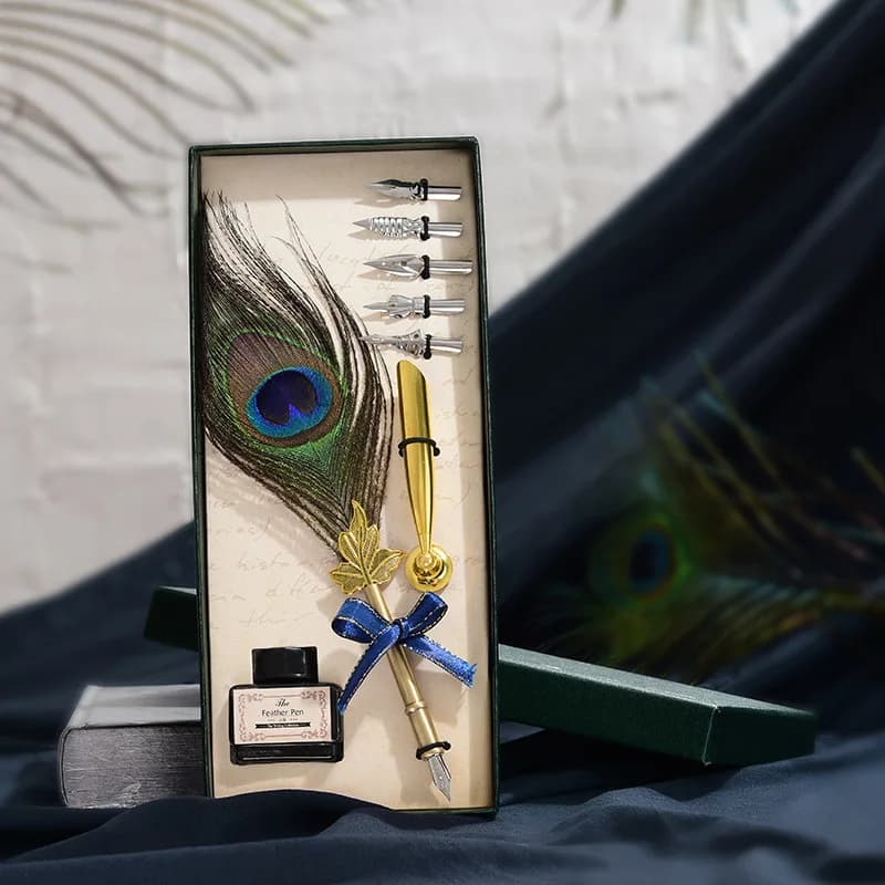 Vintage Calligraphy Quill Peacock Feather Dip Fountain Pens Writing Ink Nibs Stationery School Birthday Gifts