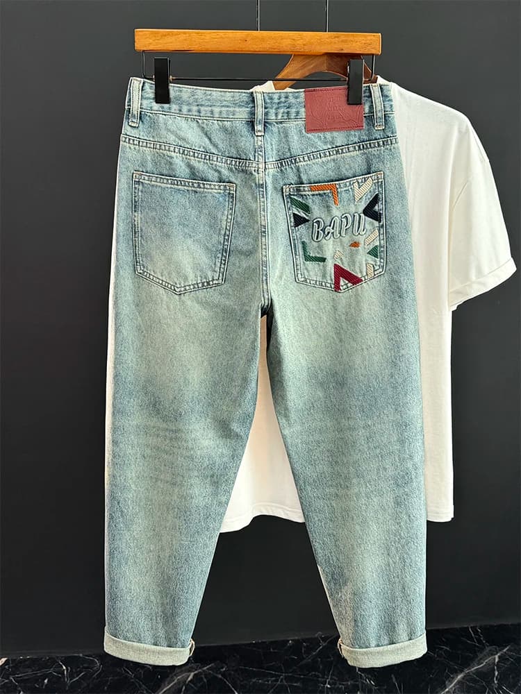 Men's Jeans Embroidered Style Retro, American Largo and Straight Model, High Quality, Washed, Long-sleeved Harlan Pants, Fashion, Careers, Autumn
