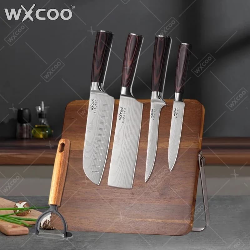WXCOO 1~6pcs Damascus Chef's Knife Japanes Santoku Professional Boning Knife Kitchen Slicing Fish Fruit Utility Knives