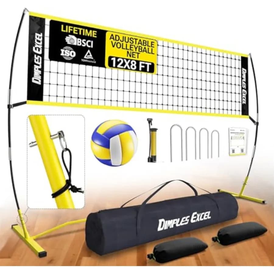 Set di rete da pallavolo professionale portatile per allenamento indoor/outdoor, rete in poliestere bianca con bordo blu, 4 altezze regolabili.