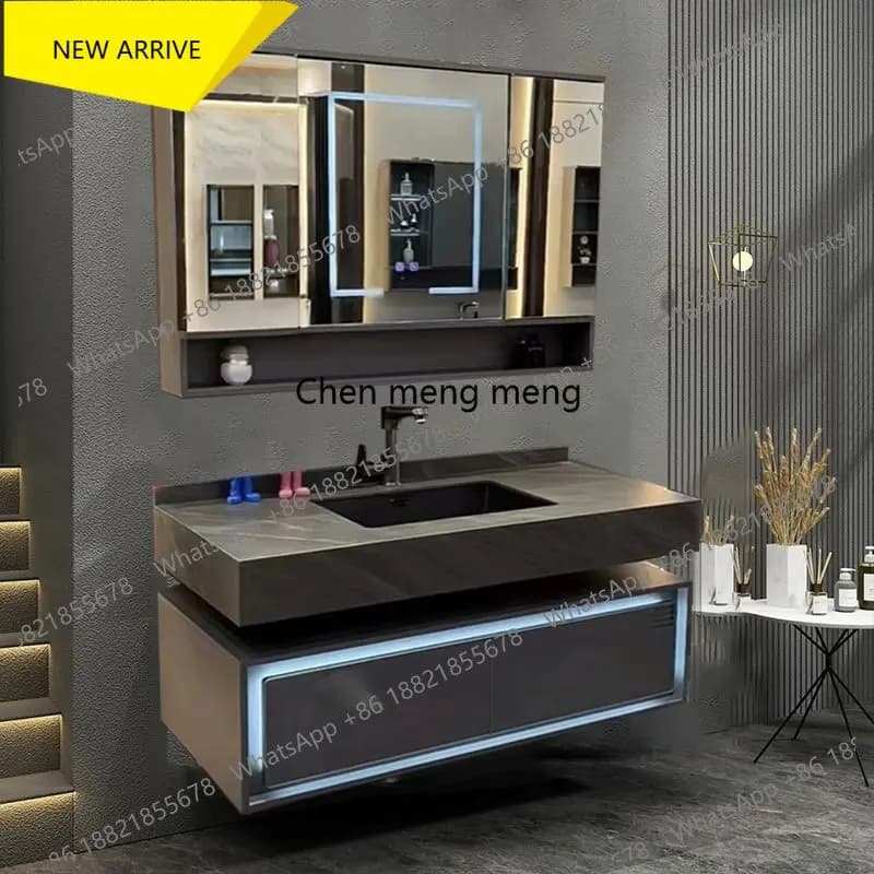 Mobile bagno F185 con specchio pieghevole integrato, mobiletto moderno in legno massello con cassetti e luce integrati per lavabo