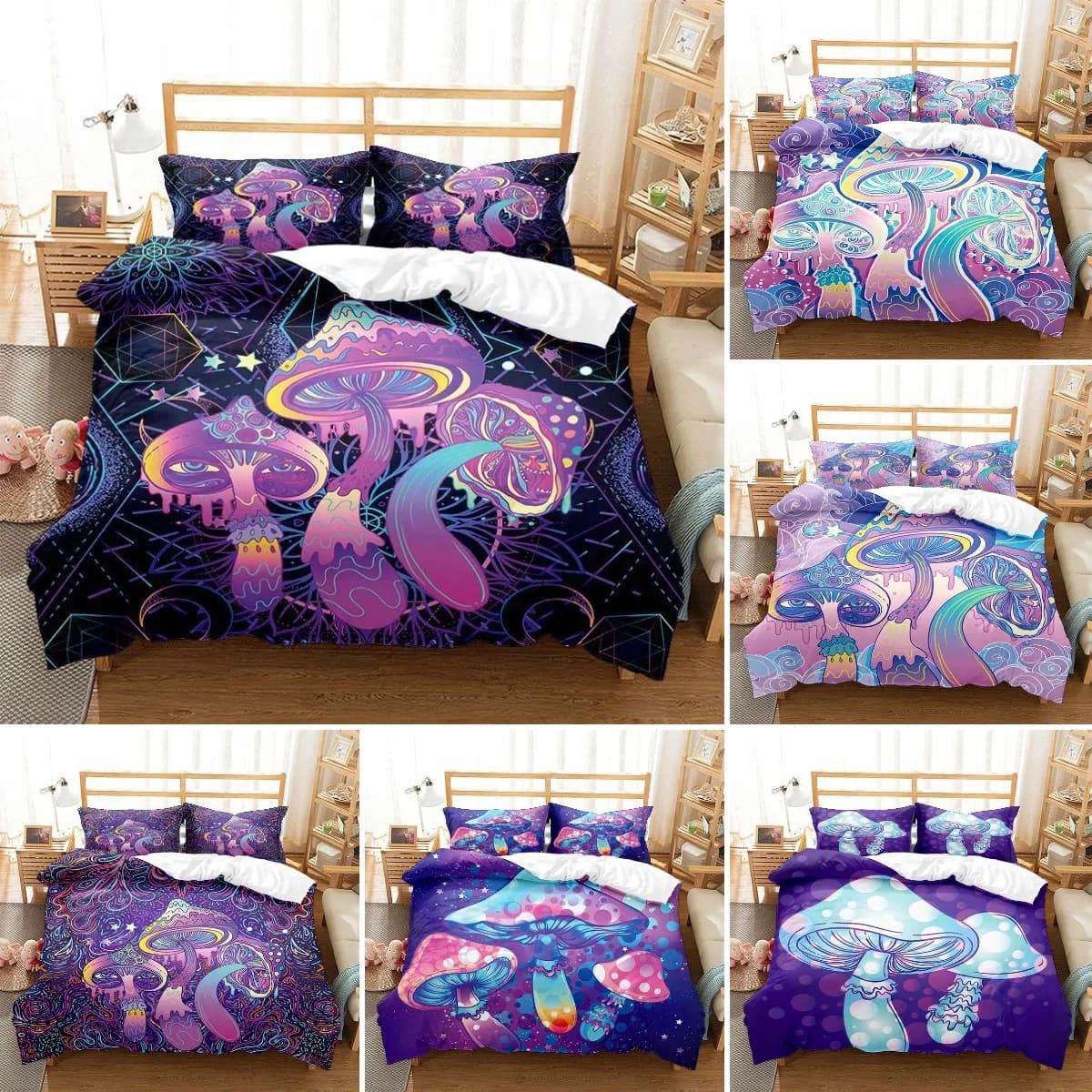 Mushroom Kids Duvet Cover Set King/Queen Size, Cartoon Trippy Colorful Fantasy Mushroom Soft Bedding Set For Girl Teen