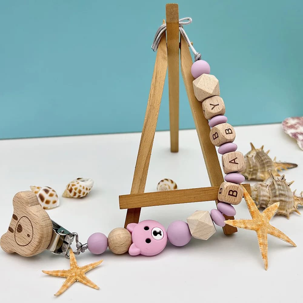 Lettere in legno inglesi personalizzate nome Baby Polar Bear ciondolo in Silicone clip per ciuccio supporto per catene massaggiagengive Baby Kawaii Gifts