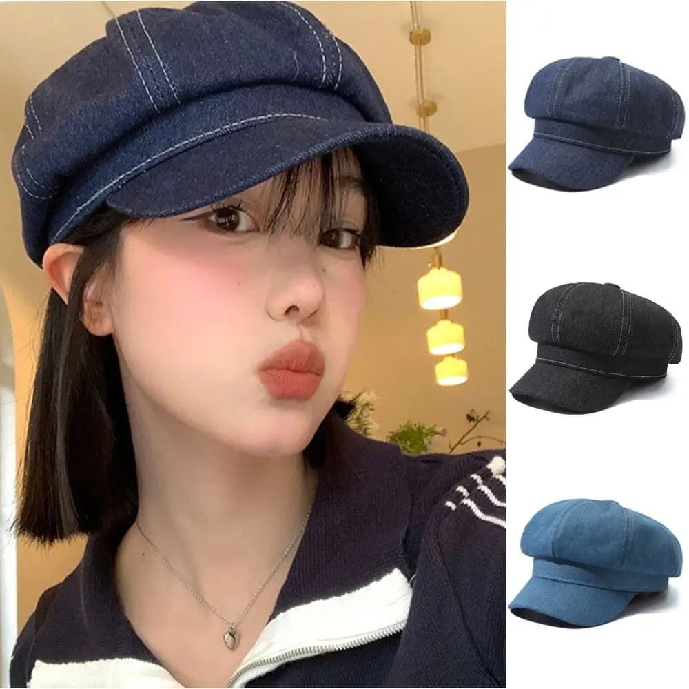 Berretto in denim da donna vintage casual Berretto da strillone versatile con chiusura sul retro Berretto da pittore tinta unita unisex