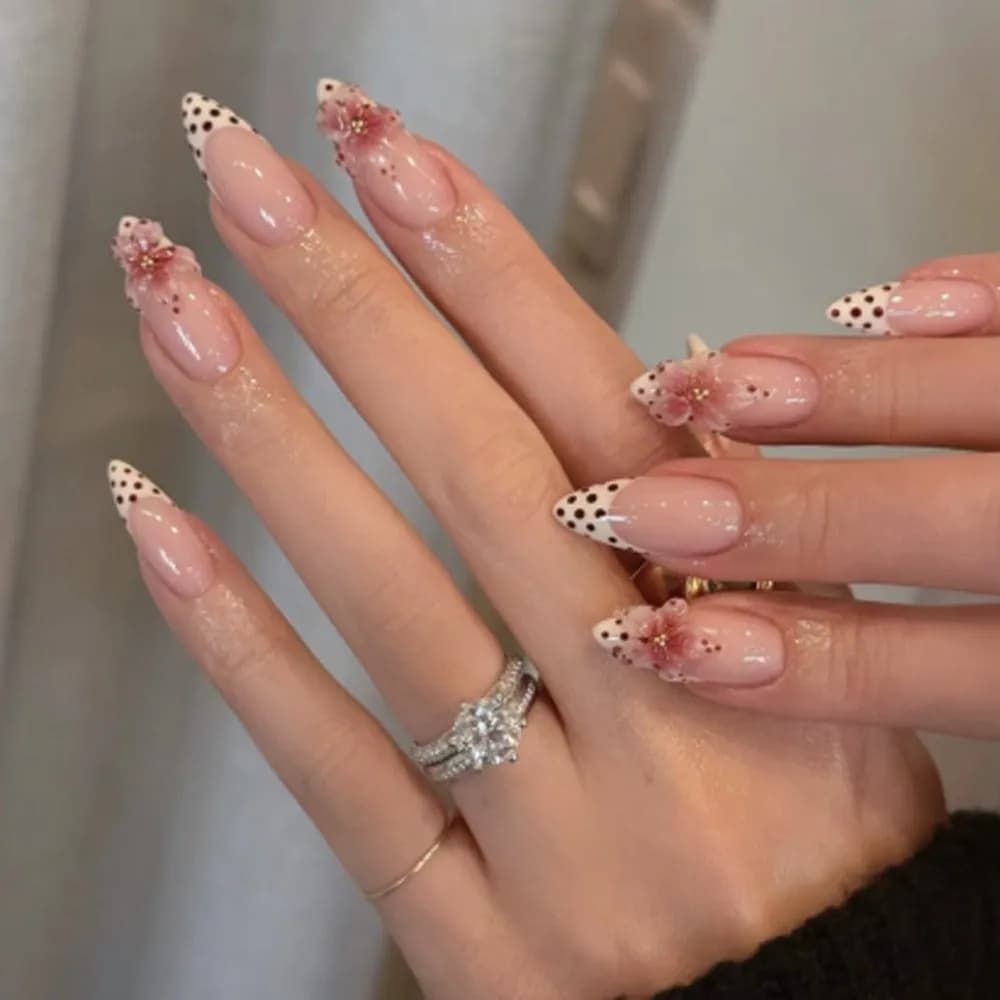 24 pcs. Fin Nails Pink Nude with 3D Flowers, Fin Nails to Mandorla with Pois, Fin Nail Tips to Cover Total for Wedding Party and Occasion