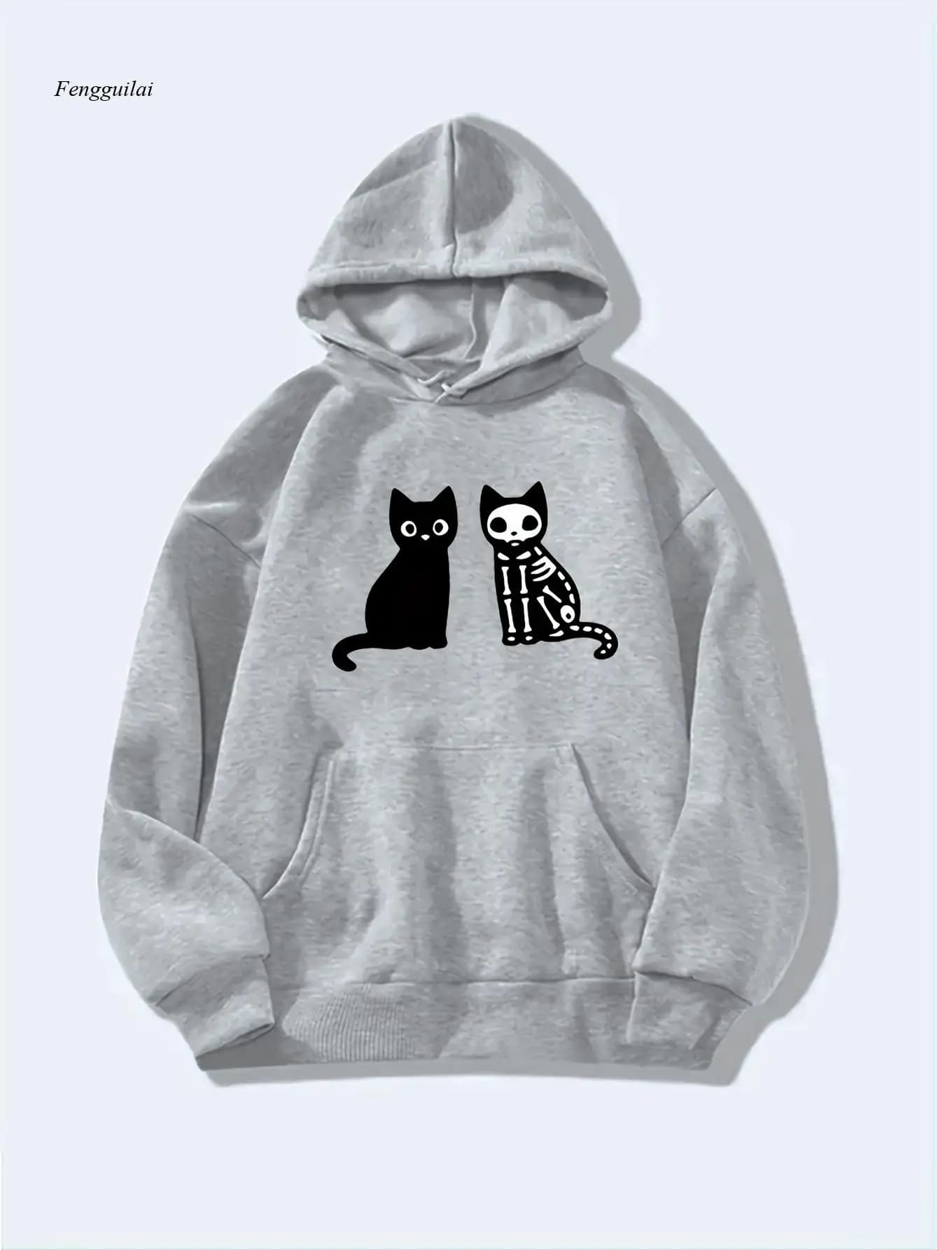 Hoodie with Drawstring with Halloween Cat Pattern, casual hoodie with long sleeve pouch pocket