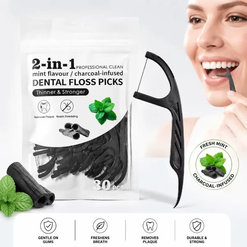 Mint Infused Bamboo Charcoal Dental Floss Picks 30Pcs Or 100Pcs Count per Bag, Disposable Floss Sticks with Deep Cleaning Floss