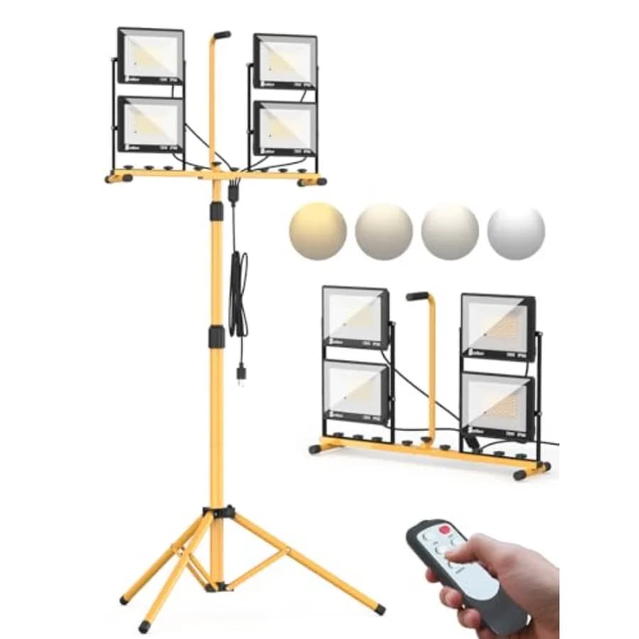 Faro da Lavoro a LED da 32000 Lumen con Supporto e Telecomando, Luce Portatile a Treppiede a 4 Teste da 280W con Cavo da 5m, 3000K 6000K Regolabile, Impermeabile
