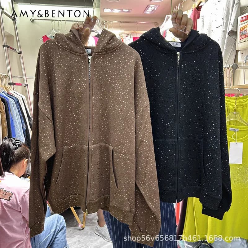 Giacca con Cappuccio Stile Americano 2026, Nuova Collezione Autunnale, Felpa con Zip in Pile Oversize con Strass