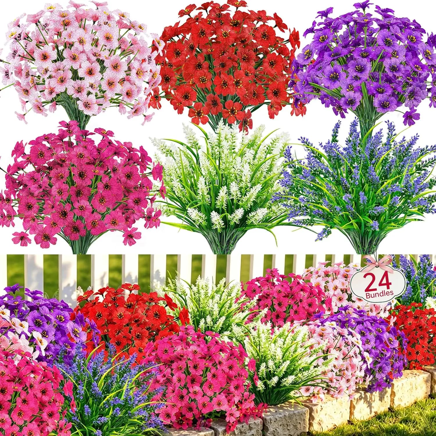 24 Mazzi di Fiori Artificiali Resistenti ai Raggi UV per Esterni, Piante Finte Primaverili per Decorazioni Casa Giardino Portico Finestra Matrimonio