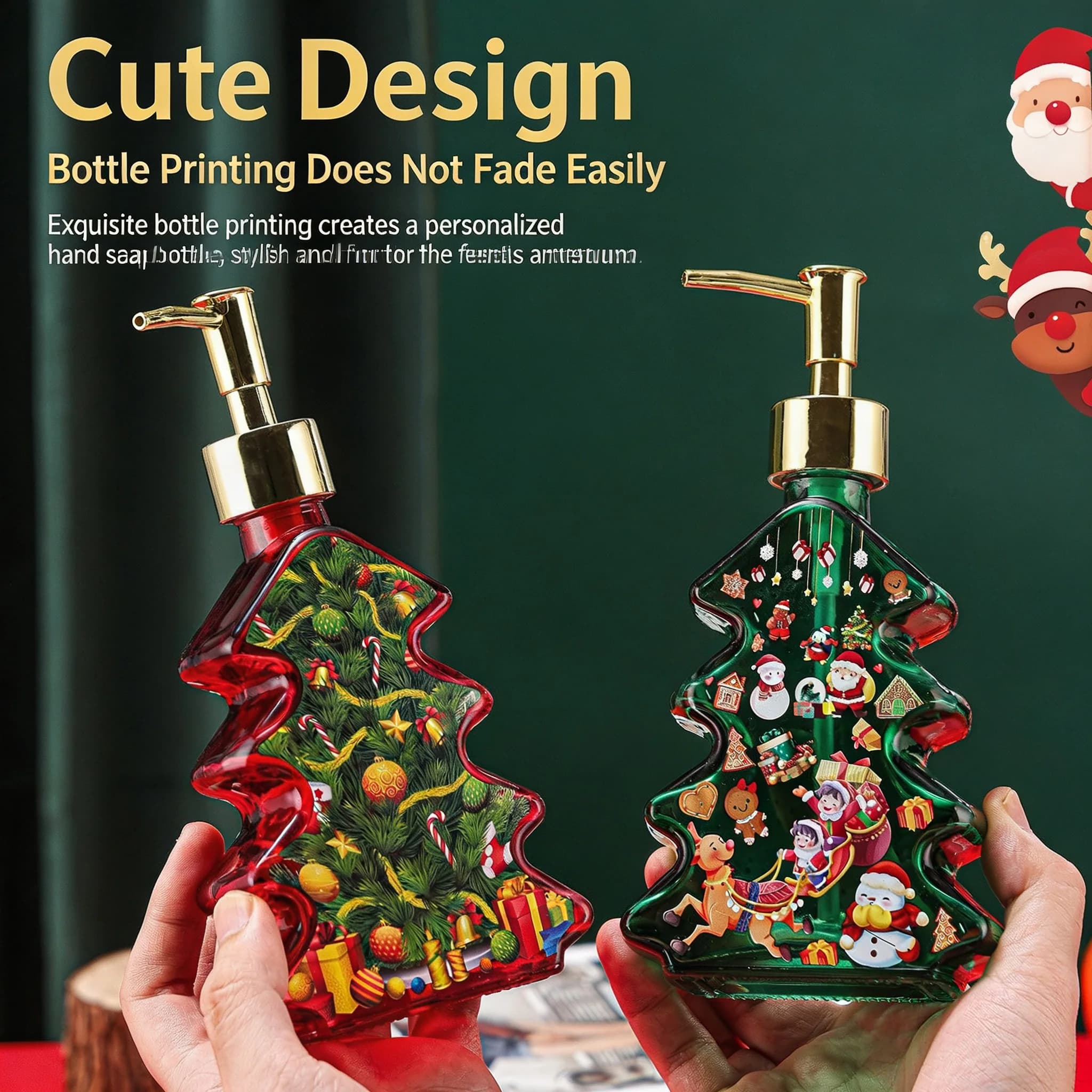 Christmas Tree Glass Soap Dispenser Bottle, Empty Refillable Pump Bottle for Hand Soap Lotion Bathroom Kitchen Xmas Home Decor