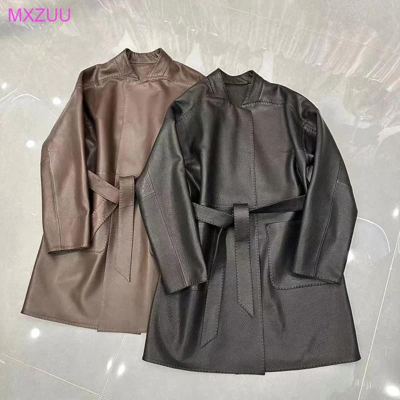 Women's Genuine Leather Jacket Autumn High End Imported Goatskin Lychee Pattern Long Loose Lazy Temperament Ladies Leather Coat