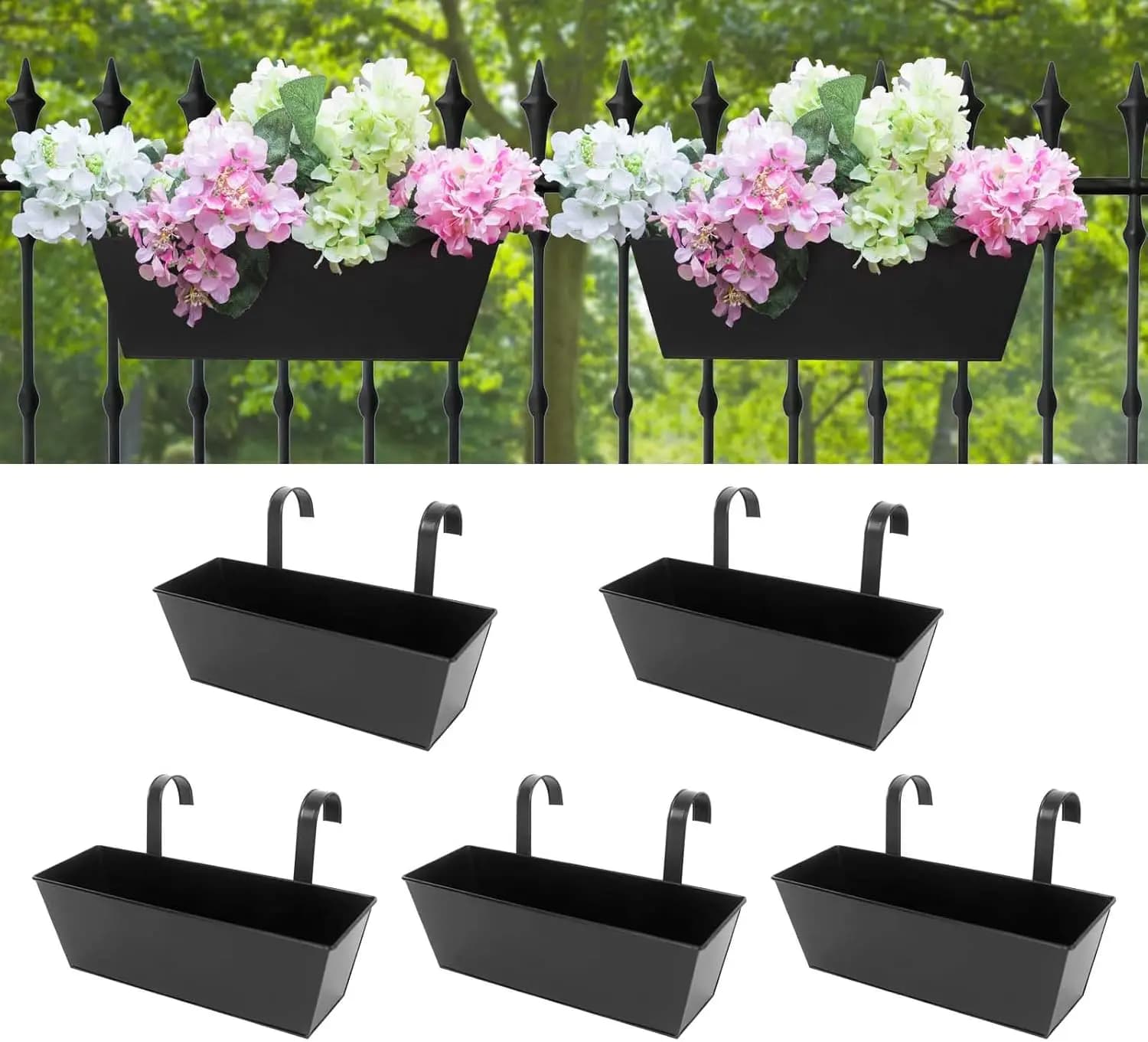 16 inch Hanging Planter for balconies, terraces and fences, 5 pieces, black