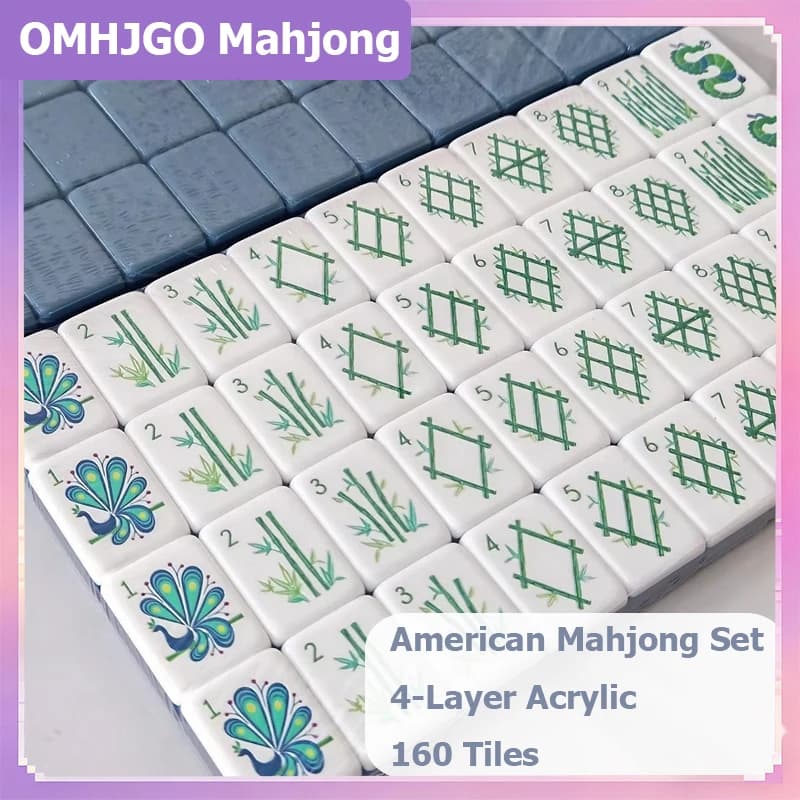 OMHJGO Four Layer Acrylic Grey Blue Mahjong Tiles Custom Luxury Engraved American Mahjong Set Board Games Travel Mah Jongg Sets