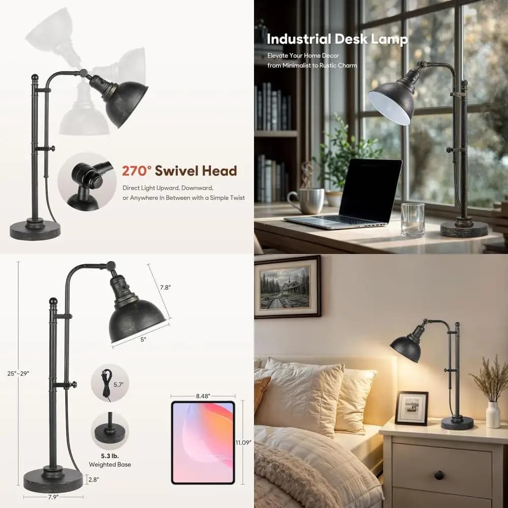 Lampada da Scrivania Industriale Regolabile in Bronzo, Luce da Lavoro Vintage in Metallo 25-29 con Finitura Invecchiata, Certificata ETL