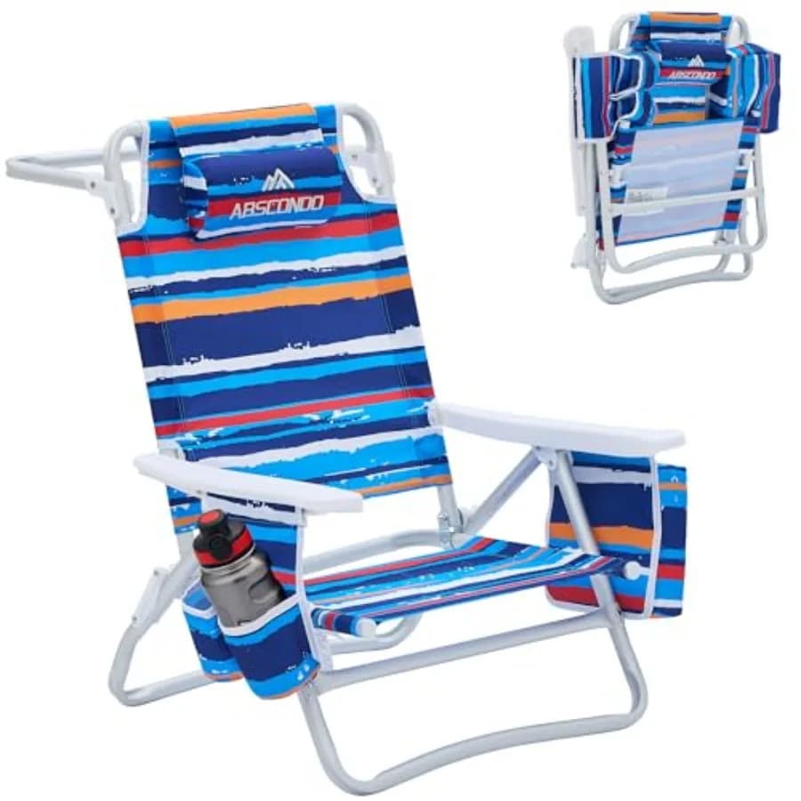 Sedia da spiaggia pieghevole per adulti, struttura in alluminio con tessuto blu navy, reclinabile in 5 posizioni, portasciugamani, tasca termica, portaoggetti