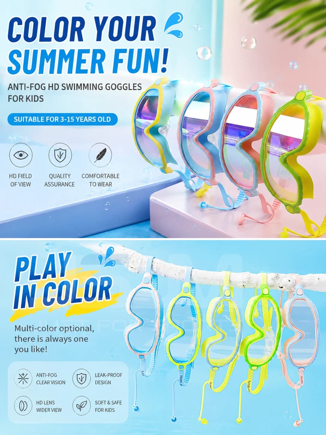 JSJM Kids Swimming Goggles Boys Girls 3-15 Years Wide View Anti-Fog Leakproof Silicone Swim Glasses Adjustable Strap + Earplugs