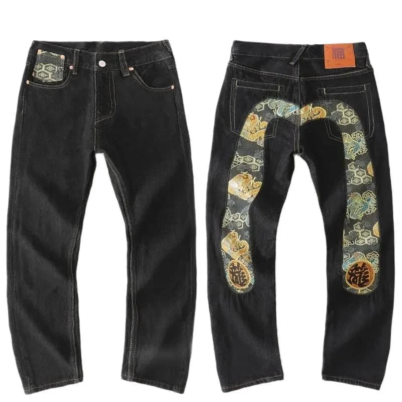 Jeans ricamati fatti a mano giapponesi da uomo tubo dritto in puro cotone Hip-Hop popolari orecchie rosse sottili mostrano pantaloni sottili diavolo nero