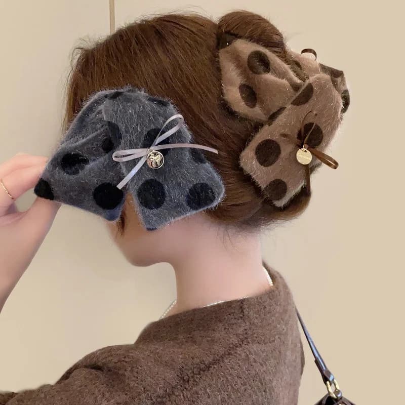 1/4 pz Elegante Fermaglio per Capelli a Triangolo in Peluche a Pois per Donna, con Fiocco Pendente, Fermaglio per Coda di Cavallo alla Moda per Ragazza, Accessorio per Capelli