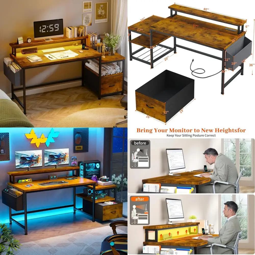 Desk Directional from 57 Poles with Drawers, Printer Space, Current Grips, Document Holder and Holder Monitor in Rustic Brown