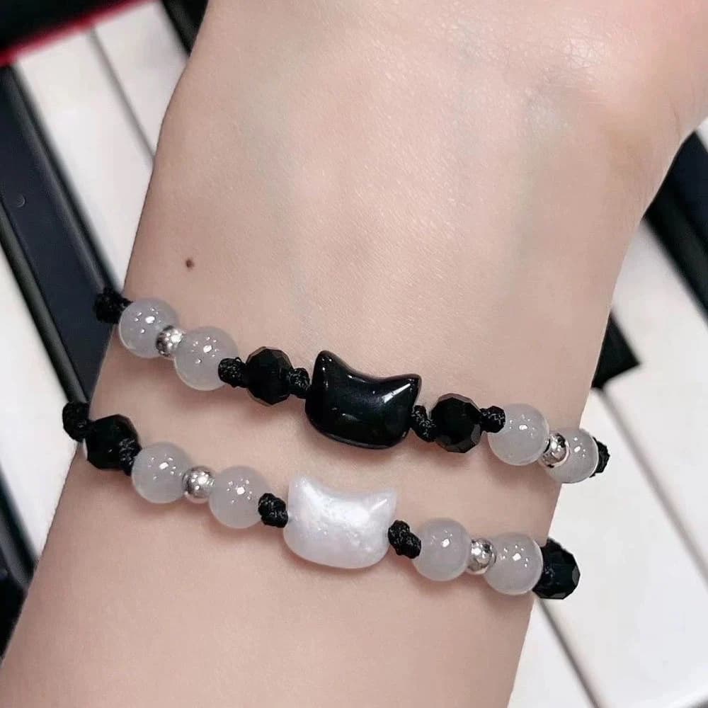 2Pcs Couple Bracelets Natural Moonstone & Obsidian Minimalist Handmade Bracelet Cute Black White Cat Beaded Bracelet For Women Men Party Daily Jewelry Valentine Gift
