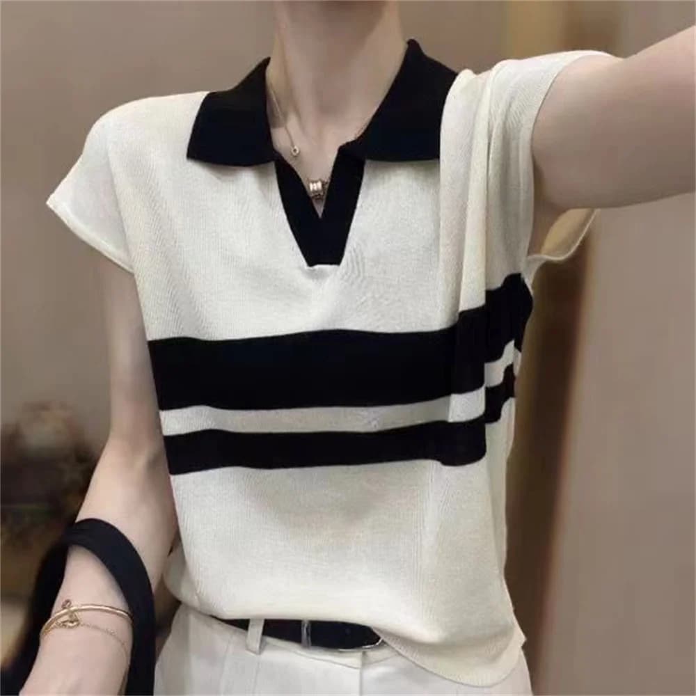 Polo Neck Solid Short Sleeve Knit Tops Women Summer Slim Chic Harajuku Turndown Collar Pullover Streetwear Korean Chic Sweater