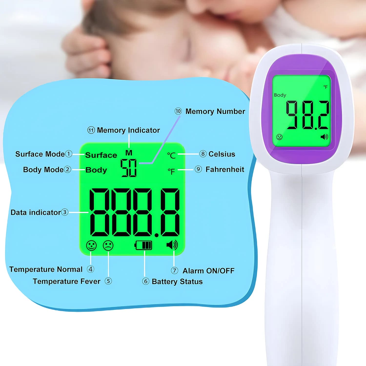 Digital infrared thermometer on the front contactless fever Medical electronic clinic for children Contactless temperature meter for adults