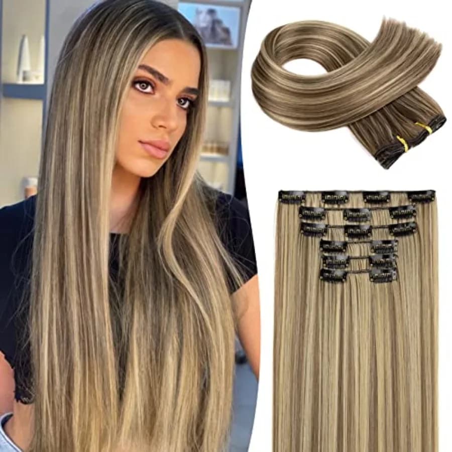 Clip in hair extensions 6PCS Straight 24" Hair Extensions for Women Heat Resistant Synthetic Hairpiece-Cool Brown with Blonde H