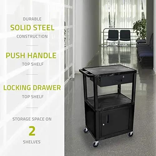 Black 42 Inch AV Cart With Solid Steel Frame, 3-Tier Storage Including Locking Drawer And Push Handle, 4″ Ball Bearing Casters
