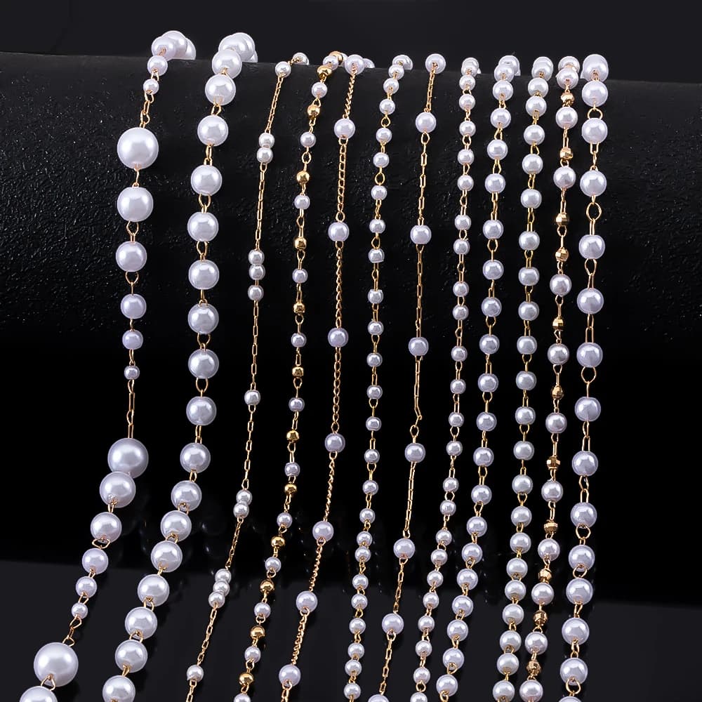 1M Elegant Multi-Style Metal Chain Copper Imitation Pearls Gold Color Chain for DIY Necklace Bracelet Bag Chain