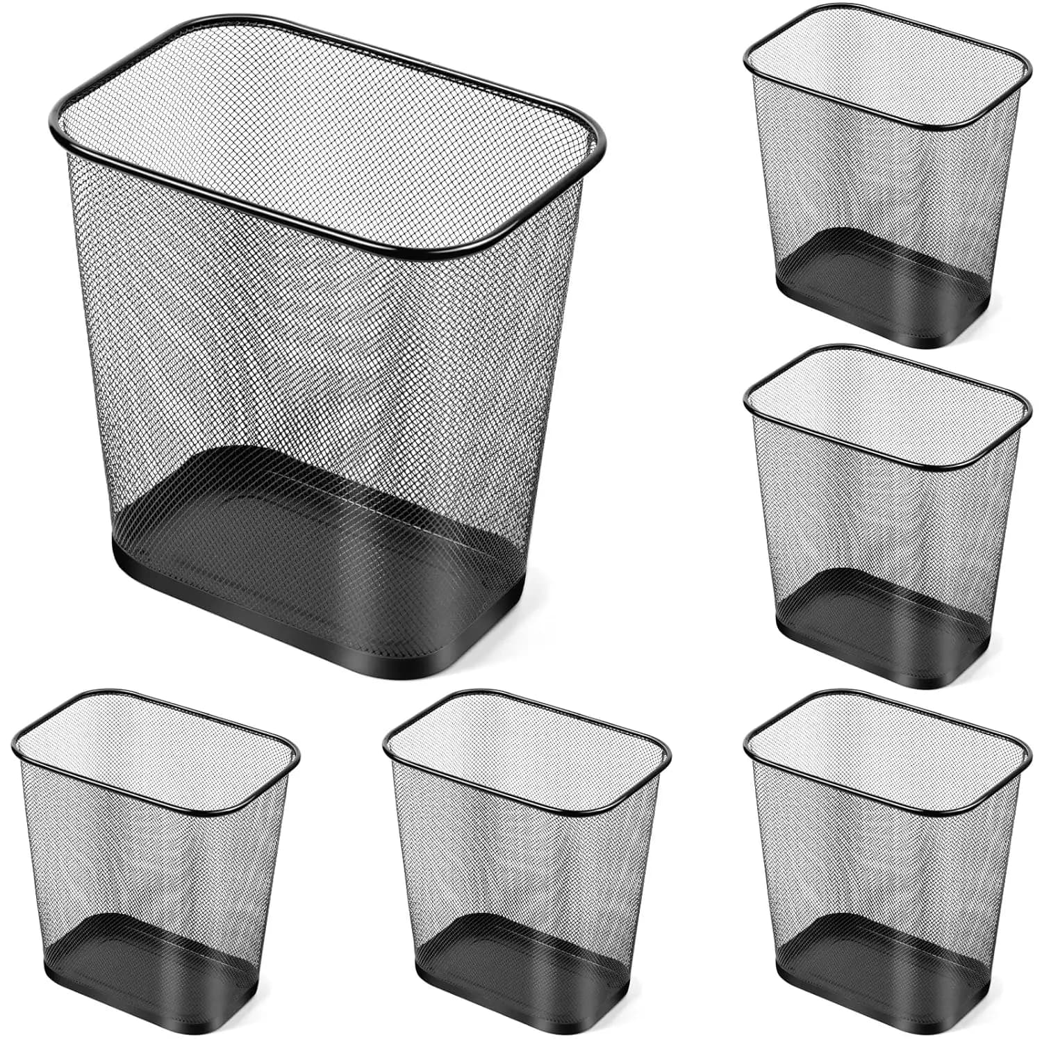 6 Pack Mesh Square Trash Cans 4 Gal Wire Wastebasket for Home Office Black Metal Rectangular Garbage Bin Kitchen Bathroom Bedroom 11.7x8.5x11.8 Inch