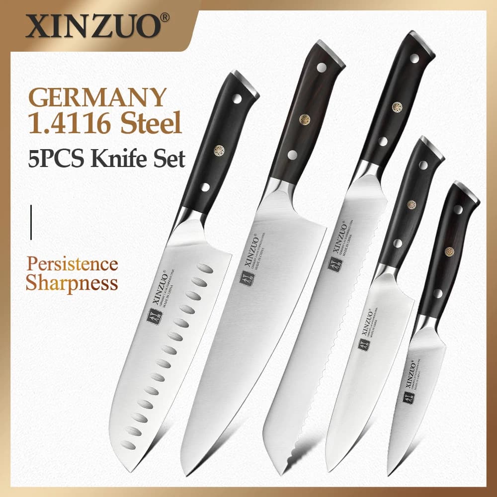 XINZUO 5PCS Coltelli da cucina Set Acciaio tedesco 1.4116 Adatto per la cucina Cucina Taglio di fette di carne Utensili da cucina per verdure